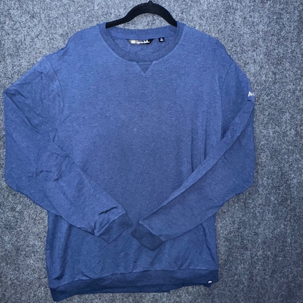 TravisMathew Mens XXL Blue Heathered Crewneck Sweatshirt Ahead Logo Pullover